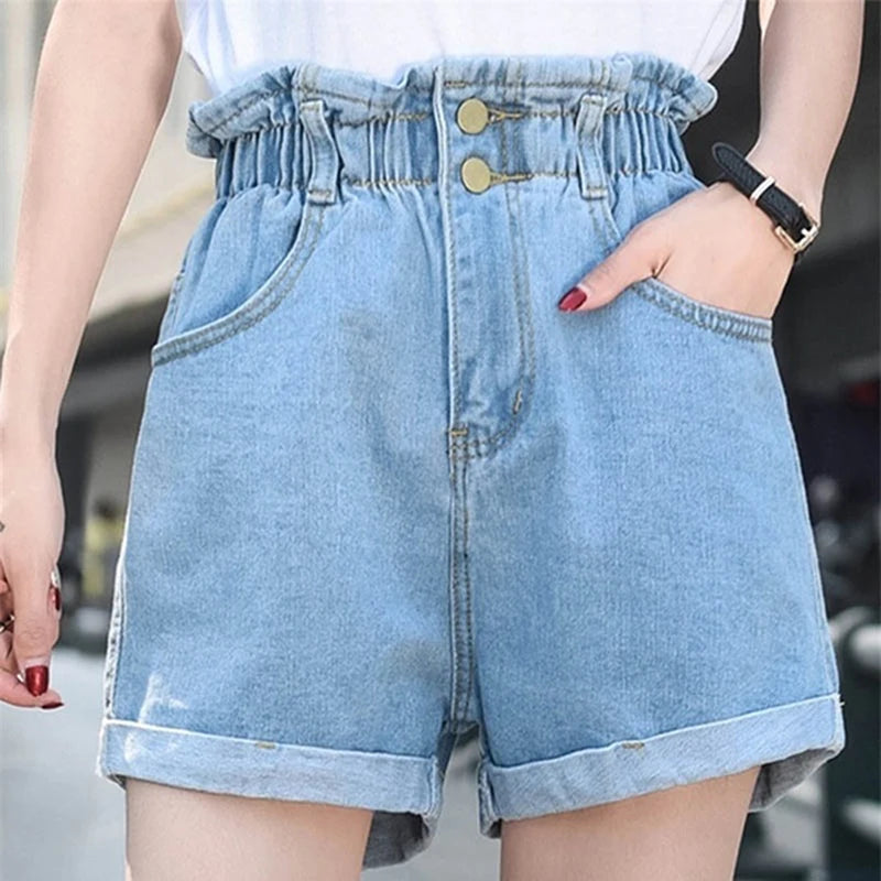 Shorts Jeans Feminino Cintura Alta Verão - Casual, Solto, com Barra Dobrada