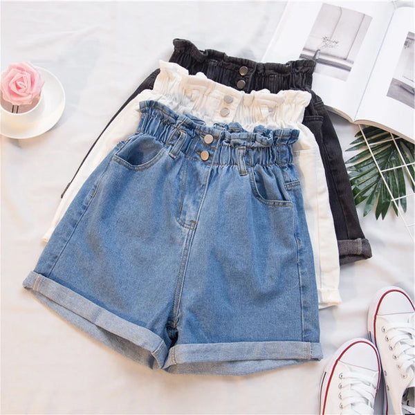 Shorts Jeans Feminino Cintura Alta Verão - Casual, Solto, com Barra Dobrada