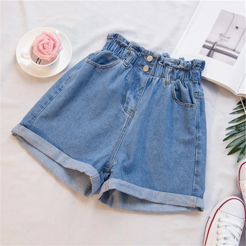 Shorts Jeans Feminino Cintura Alta Verão - Casual, Solto, com Barra Dobrada