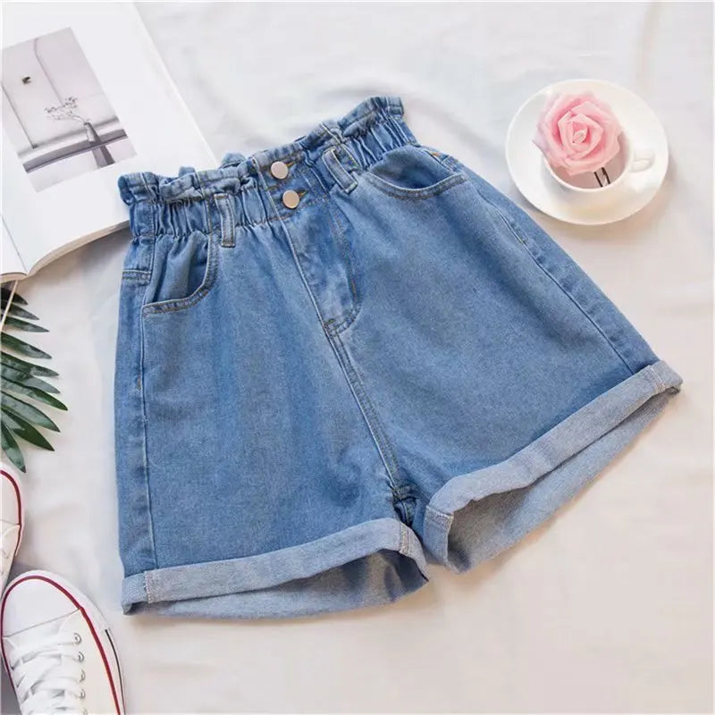 Shorts Jeans Feminino Cintura Alta Verão - Casual, Solto, com Barra Dobrada