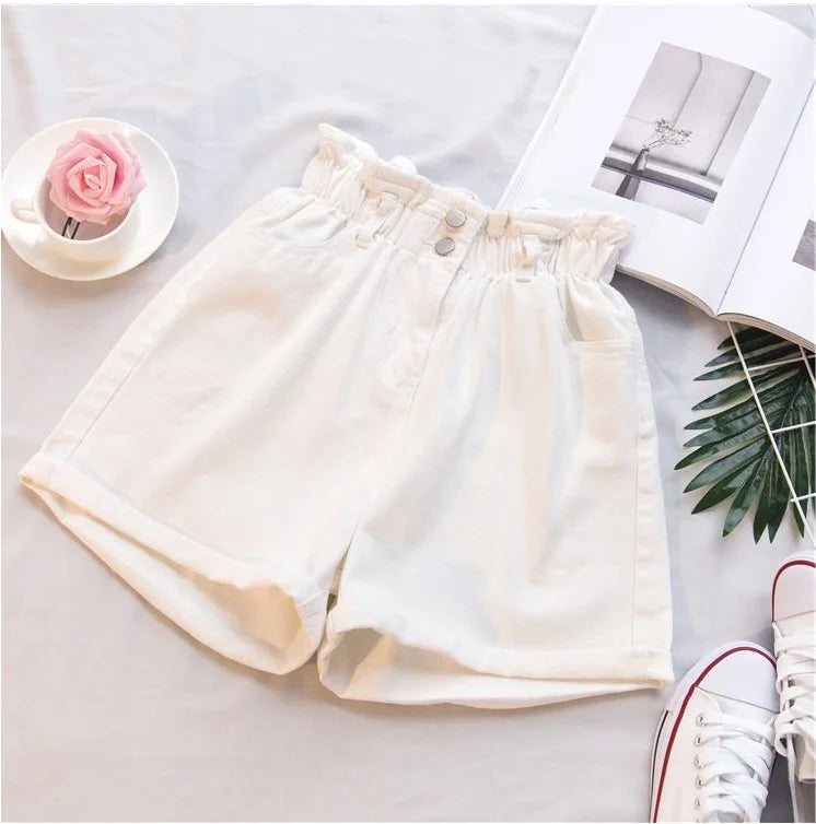 Shorts Jeans Feminino Cintura Alta Verão - Casual, Solto, com Barra Dobrada