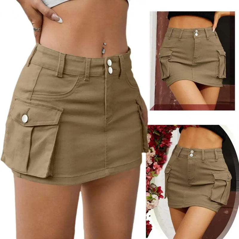 Mini Saia Casual Jeans Feminina Cintura Baixa com Bolsos e Botões