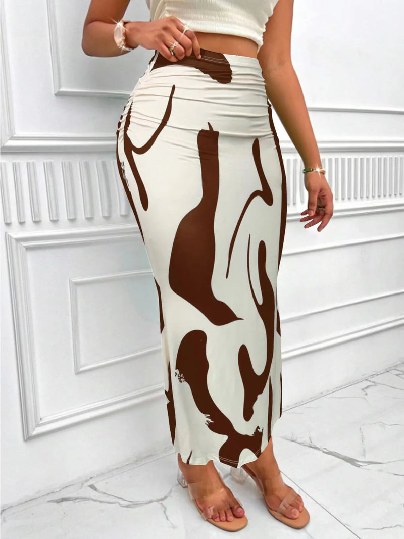 Saia Midi Plissada Estampada - Estilo Casual Chic com Cintura Alta e Design Geométrico