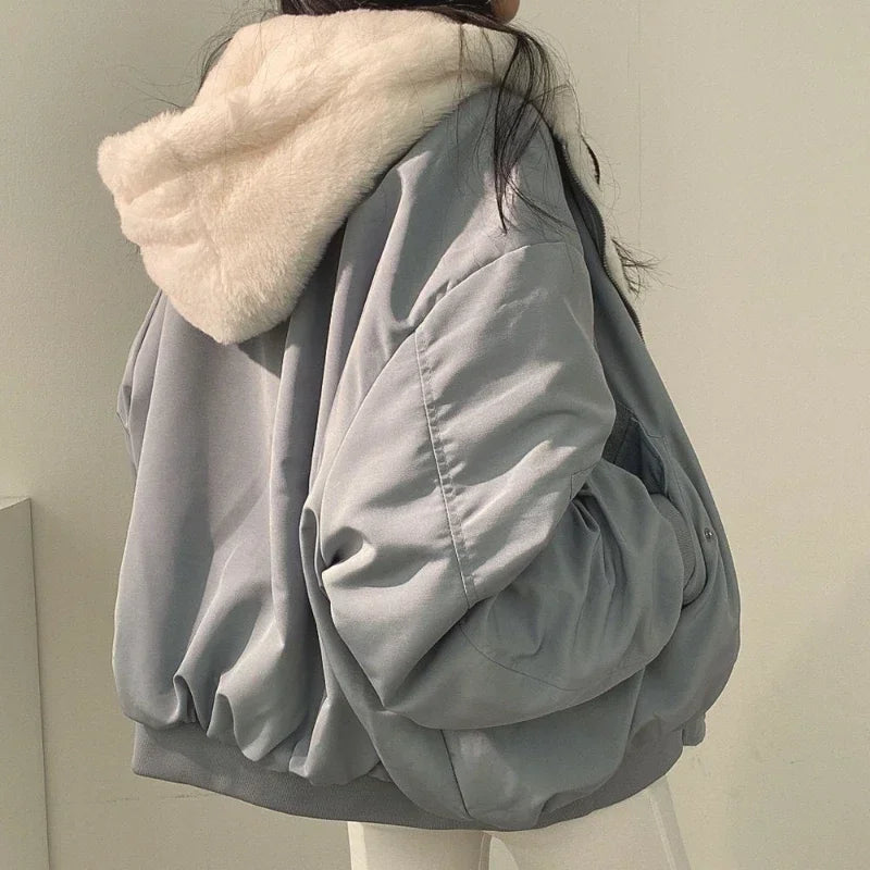 Casaco Feminino Outono/Inverno: Parka Forrada com Capuz, Estilo Coreano, Confortável e Elegante