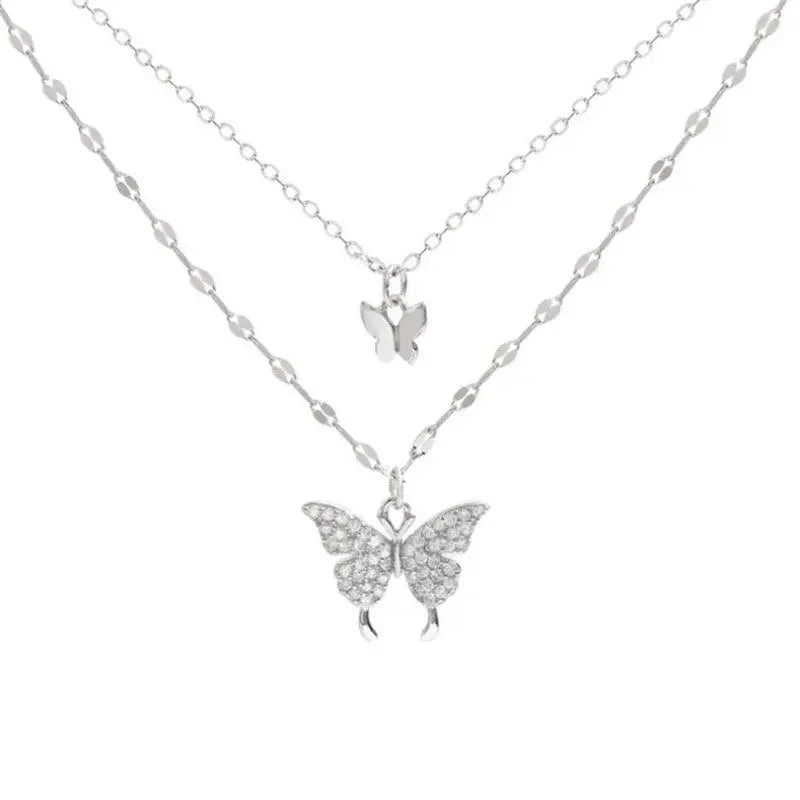 Colar Duplo Borboleta Brilhante – Elegância Feminina para Festas e Presentes