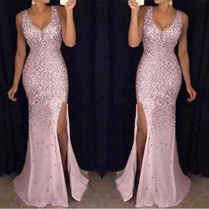 Vestido Longo de Festa Brilhante Decote em V com Fenda