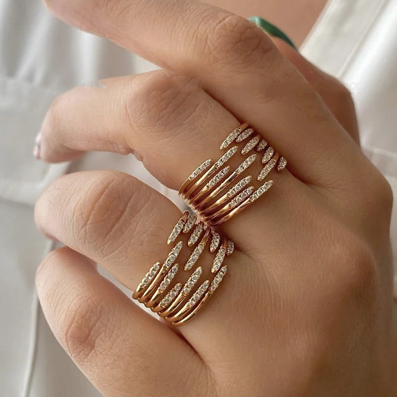 Anel Duplo Cruzado Feminino em Aço Inoxidável Banhado a Ouro – Design Luxuoso com Zircônia