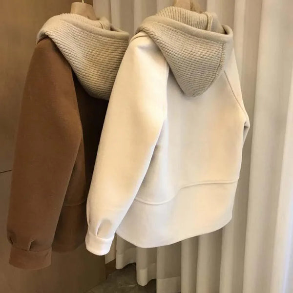 Casaco Feminino de Lã com Capuz e Manga Longa - Estilo Casual