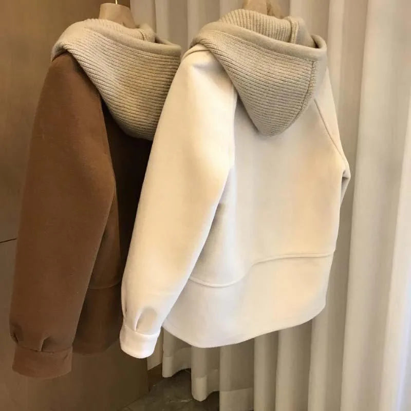 Casaco Feminino de Lã com Capuz e Manga Longa - Estilo Casual