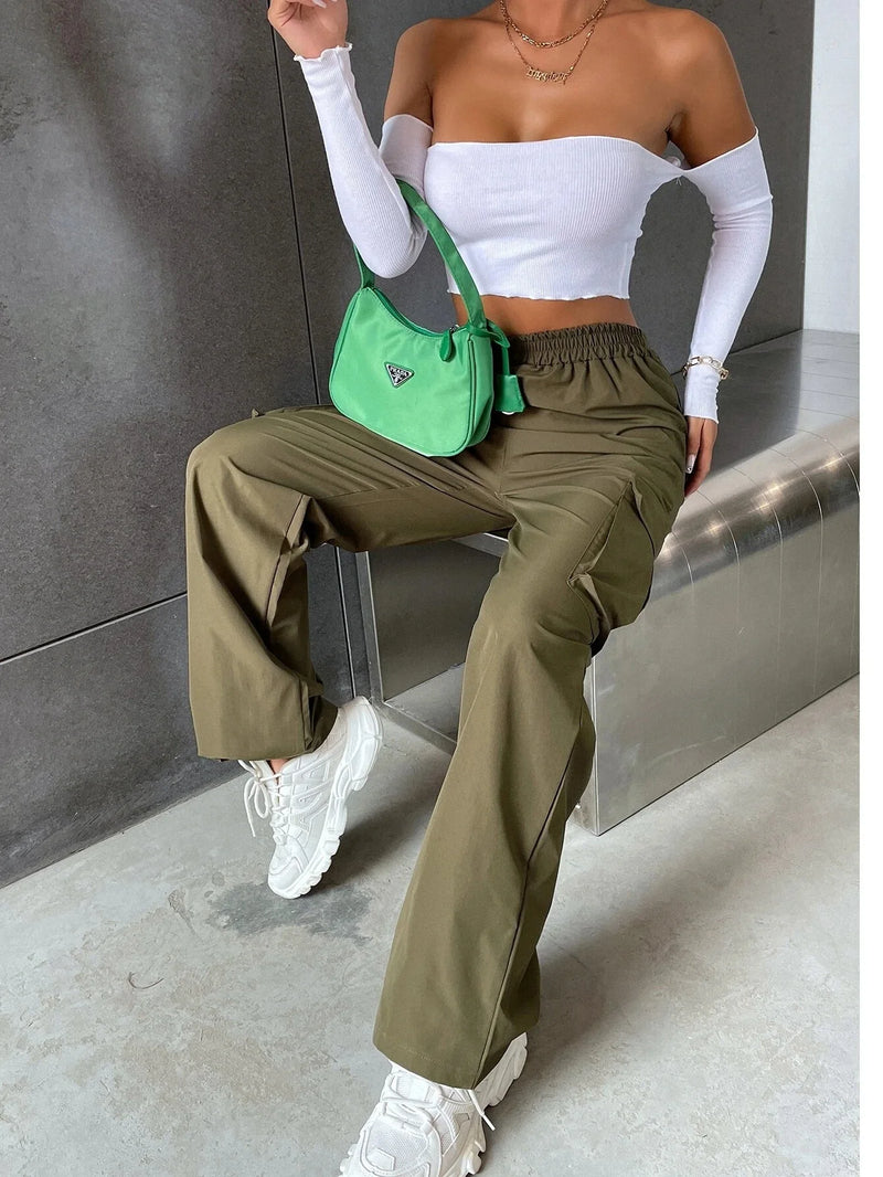 Calça Jogger Feminina Casual Elegante Cintura Alta Oversized Cargo