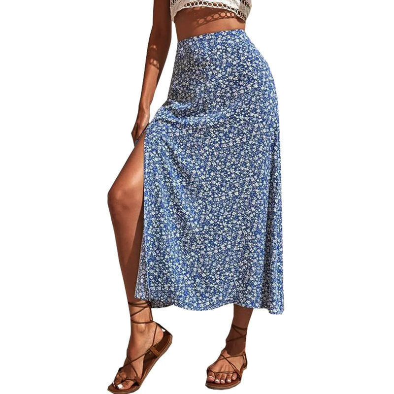 Saia Vintage Floral – Cintura Alta, Fenda e Caimento Elegante