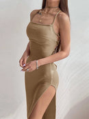 Vestido Longo Preto Sexy – Justo, Sem Mangas, Decote Halter, Alças Finas, Fenda Alta