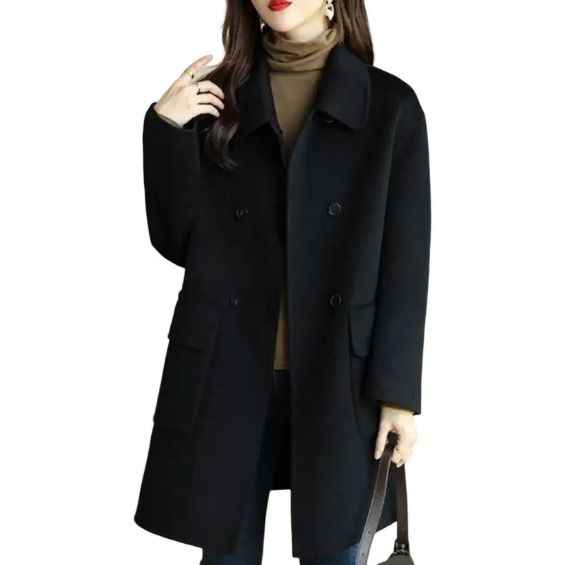 Casaco Feminino de Inverno Elegante com Bolsos, Cor Sólida e Design Moderno