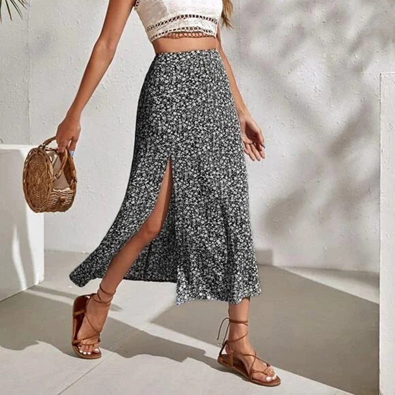 Saia Vintage Floral – Cintura Alta, Fenda e Caimento Elegante