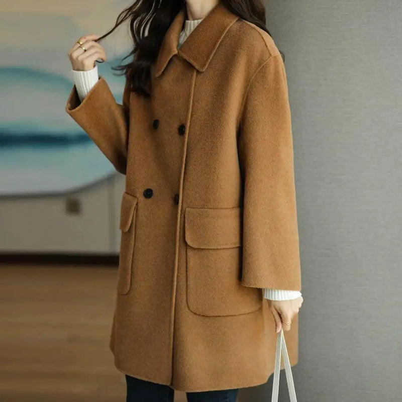 Casaco Feminino de Inverno Elegante com Bolsos, Cor Sólida e Design Moderno