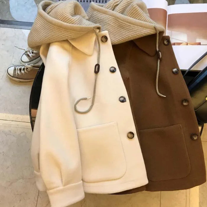 Casaco Feminino de Lã com Capuz e Manga Longa - Estilo Casual
