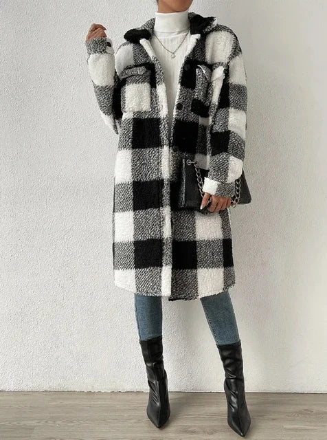 Casaco de Pelo Longo Xadrez com Gola Virada e Mangas Longas, Estilo Casual e Elegante