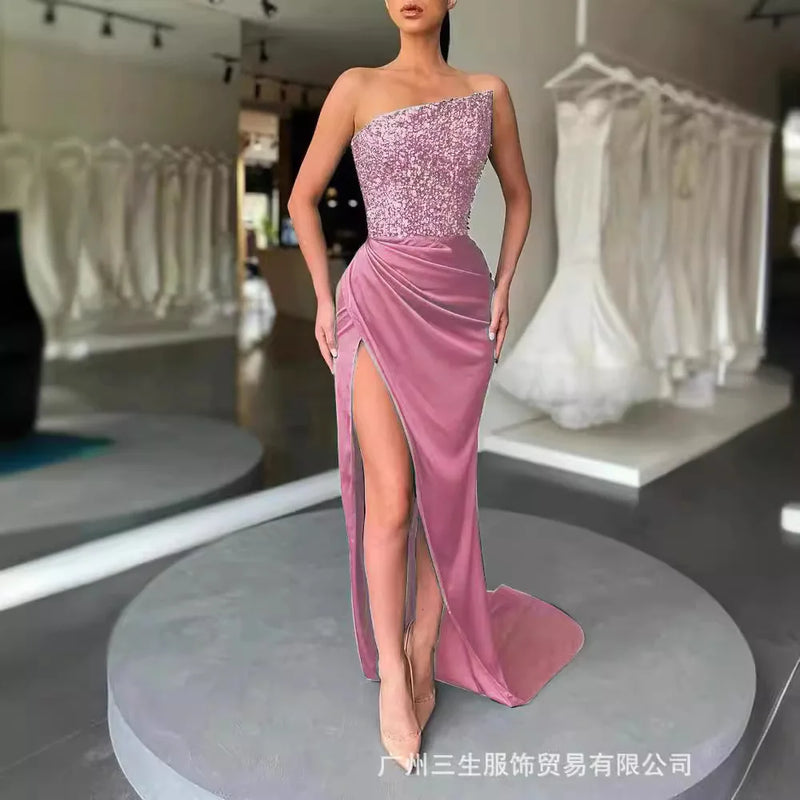 Vestido de Festa Longo Sem Manga Chiffon Brilhante
