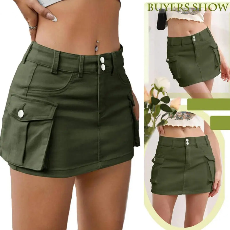 Mini Saia Casual Jeans Feminina Cintura Baixa com Bolsos e Botões