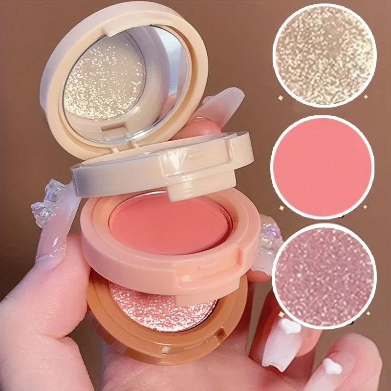 Paleta de Maquiagem 3 em 1: Blush, Iluminador e Contorno com Textura Matte e Cintilante