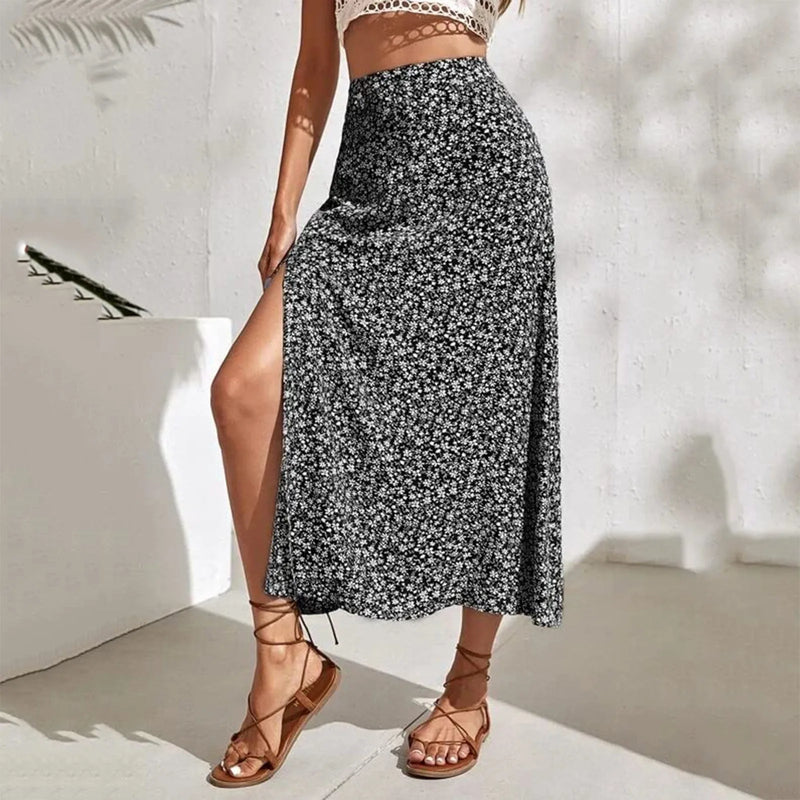 Saia Vintage Floral – Cintura Alta, Fenda e Caimento Elegante