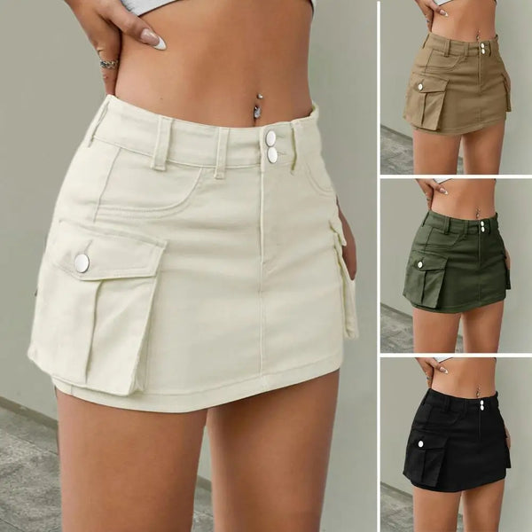 Mini Saia Casual Jeans Feminina Cintura Baixa com Bolsos e Botões