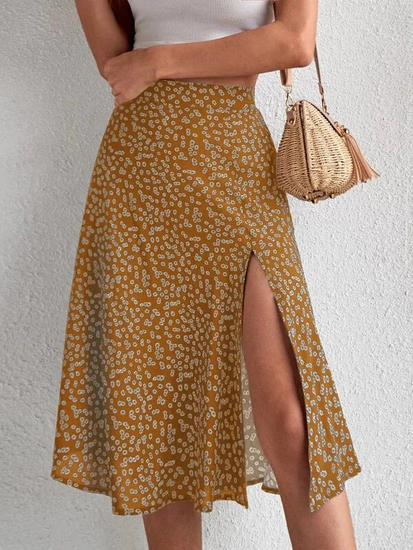 Saia Elegante Estampada Feminina – com Fenda, Midi, Perfeita para o Verão