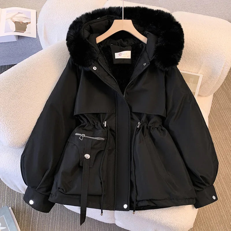 Jaqueta Feminina de Inverno Quente com Capuz de Pelo, Forro Fleece e Zíper Ajustável