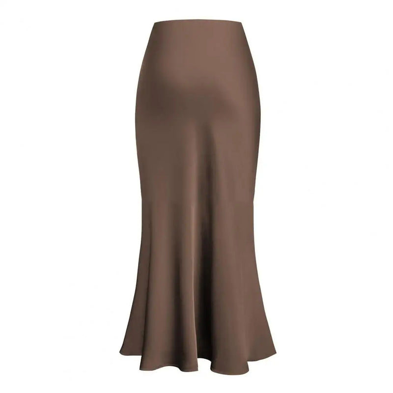 Saia Longa Fishtail Elegante em Cetim - Cintura Alta, A-line, Estilo Executivo, Cor Sólida, Acabamento Brilhante