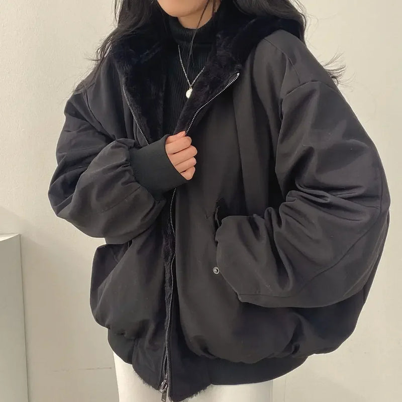 Casaco Feminino Outono/Inverno: Parka Forrada com Capuz, Estilo Coreano, Confortável e Elegante