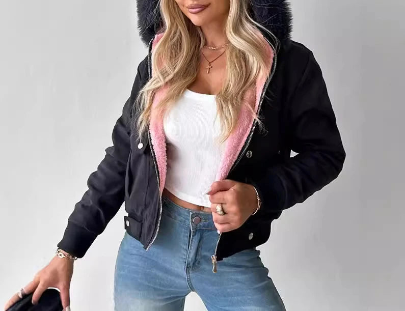 Jaqueta Feminina Streetwear Outono/Inverno com Capuz, Zíper e Manga Longa