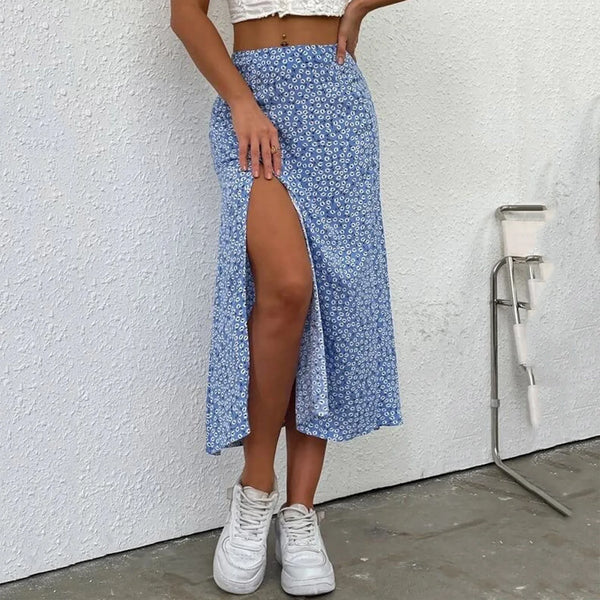 Saia Vintage Floral – Cintura Alta, Fenda e Caimento Elegante