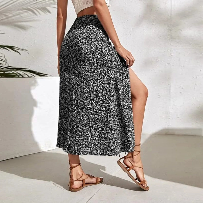 Saia Vintage Floral – Cintura Alta, Fenda e Caimento Elegante