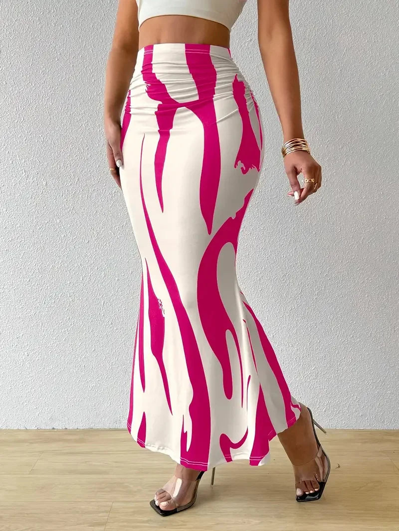 Saia Midi Plissada Estampada - Estilo Casual Chic com Cintura Alta e Design Geométrico