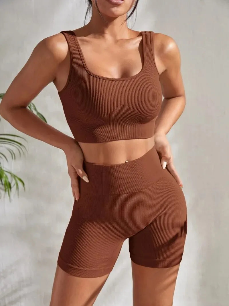 Conjunto de Yoga Sem Costura para Mulheres: Top Cropped e Shorts de Cintura Alta para Atividades Físicas