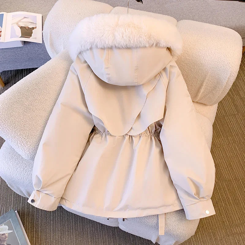 Jaqueta Feminina de Inverno Quente com Capuz de Pelo, Forro Fleece e Zíper Ajustável