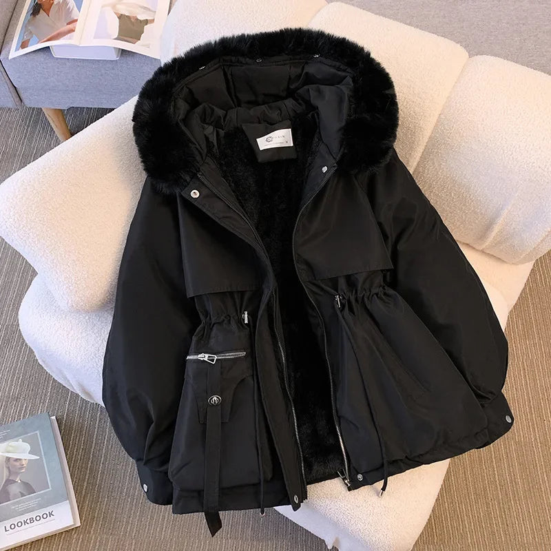 Jaqueta Feminina de Inverno Quente com Capuz de Pelo, Forro Fleece e Zíper Ajustável