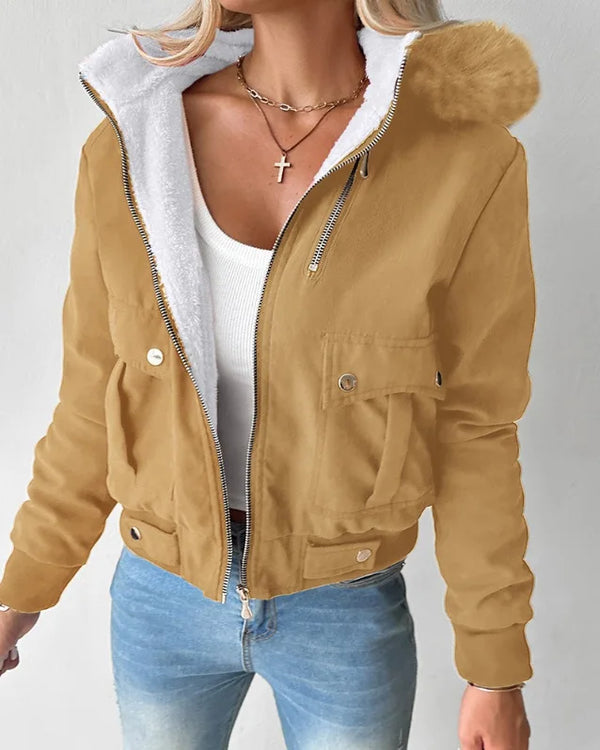 Jaqueta Feminina Streetwear Outono/Inverno com Capuz, Zíper e Manga Longa