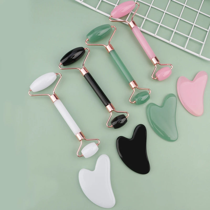 Kit 2 Peças - Rolo Massageador Gua Sha Dupla Face de Pedra Natural