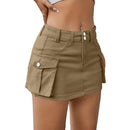 Mini Saia Casual Jeans Feminina Cintura Baixa com Bolsos e Botões