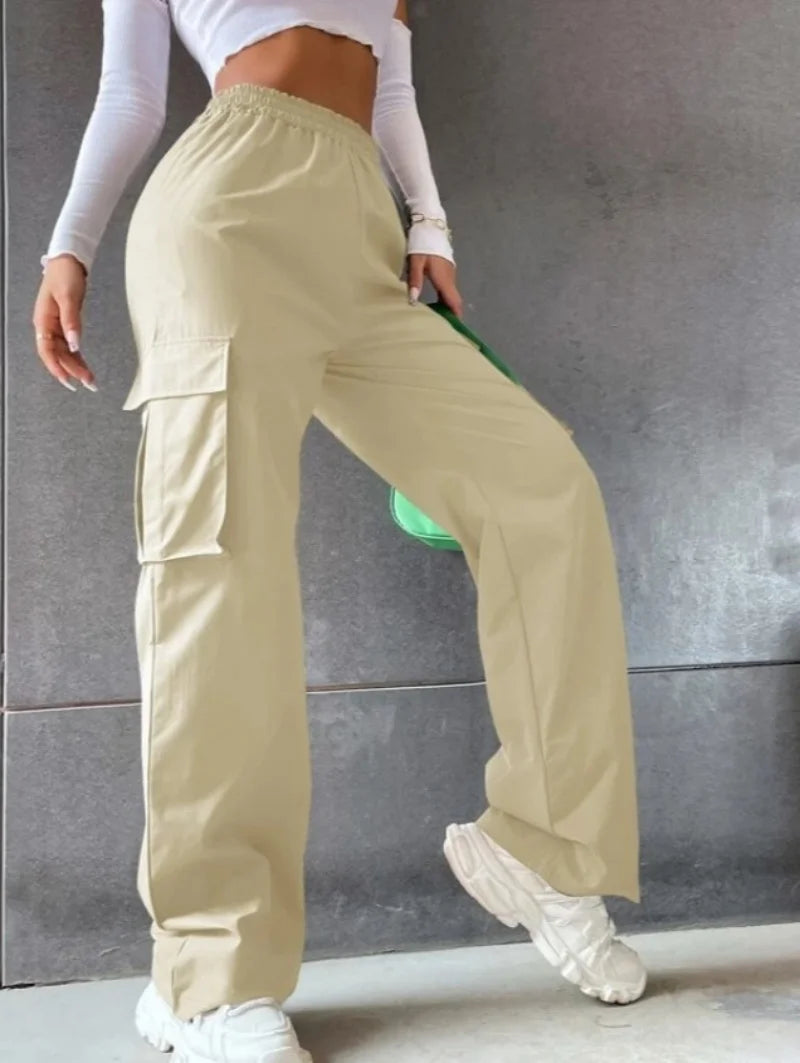 Calça Jogger Feminina Casual Elegante Cintura Alta Oversized Cargo