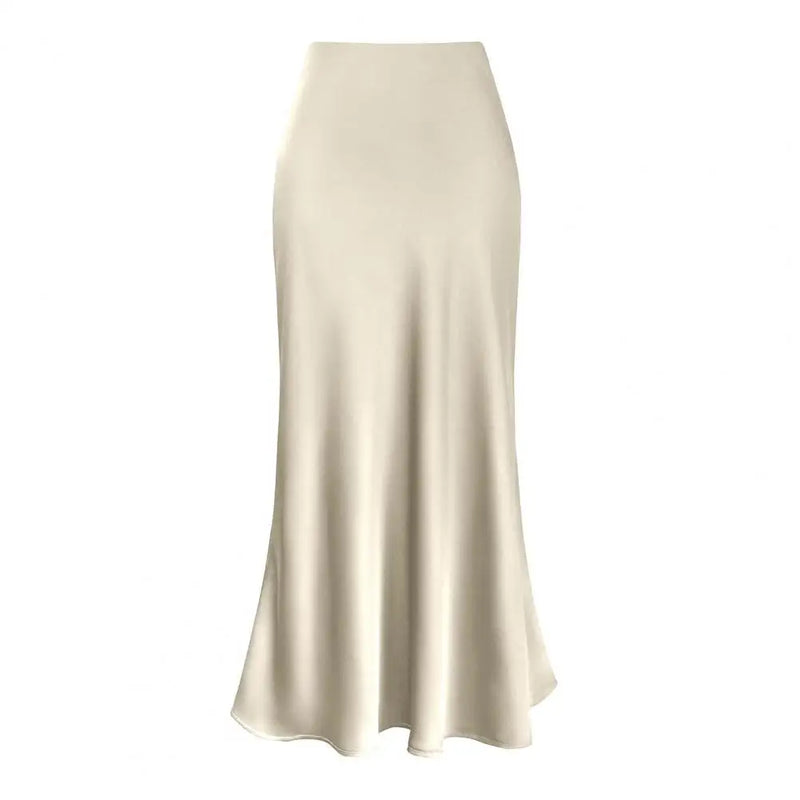 Saia Longa Fishtail Elegante em Cetim - Cintura Alta, A-line, Estilo Executivo, Cor Sólida, Acabamento Brilhante