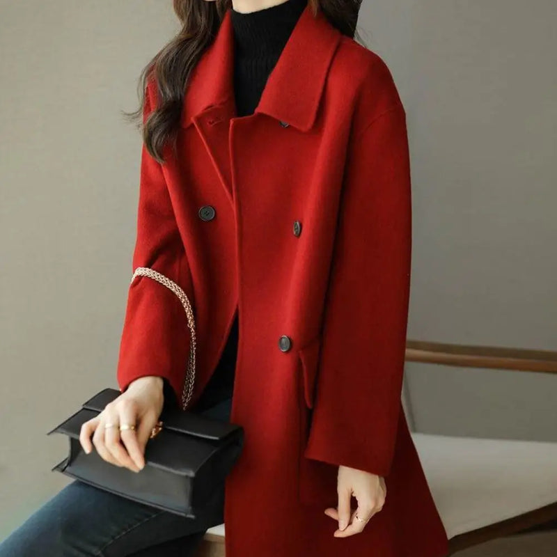 Casaco Feminino de Inverno Elegante com Bolsos, Cor Sólida e Design Moderno