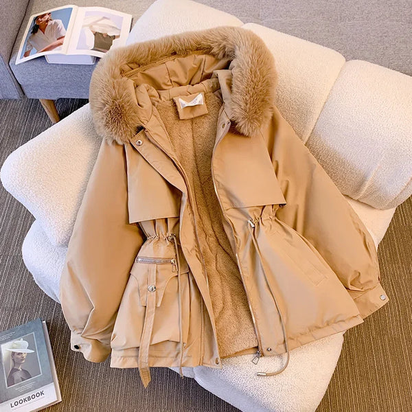 Jaqueta Feminina de Inverno Quente com Capuz de Pelo, Forro Fleece e Zíper Ajustável