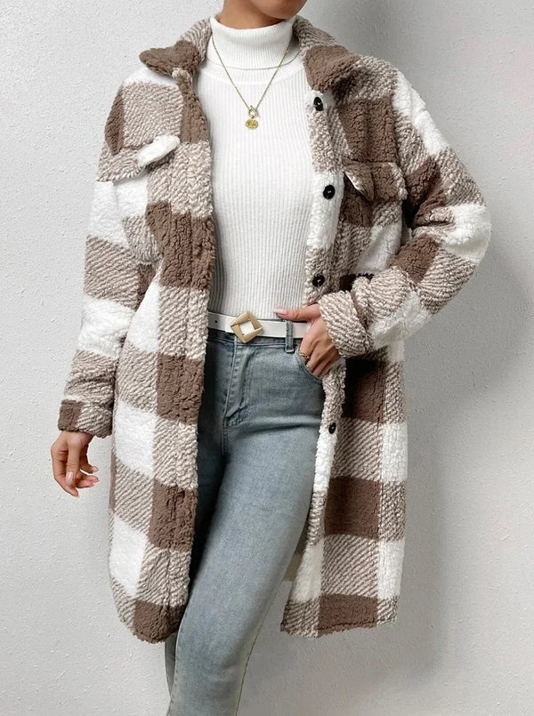 Casaco de Pelo Longo Xadrez com Gola Virada e Mangas Longas, Estilo Casual e Elegante