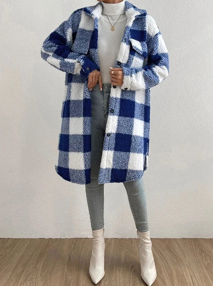 Casaco de Pelo Longo Xadrez com Gola Virada e Mangas Longas, Estilo Casual e Elegante