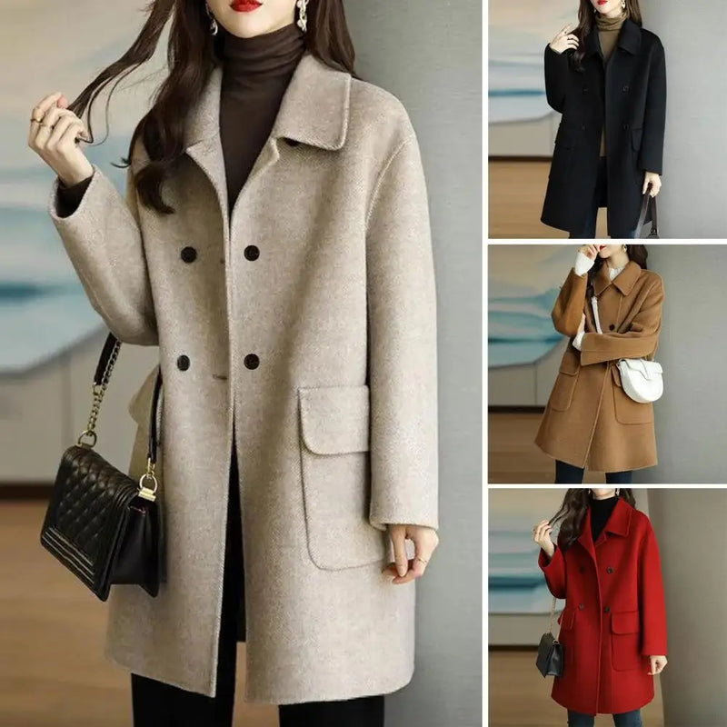 Casaco Feminino de Inverno Elegante com Bolsos, Cor Sólida e Design Moderno