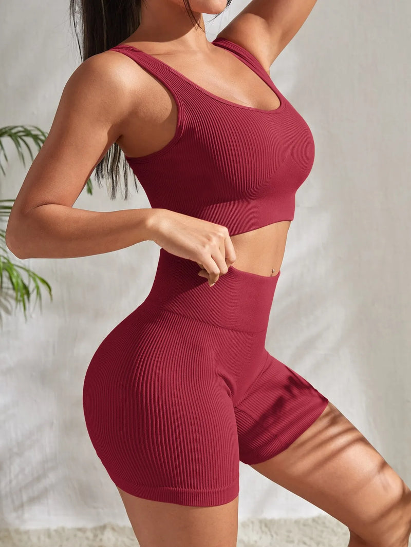 Conjunto de Yoga Sem Costura para Mulheres: Top Cropped e Shorts de Cintura Alta para Atividades Físicas