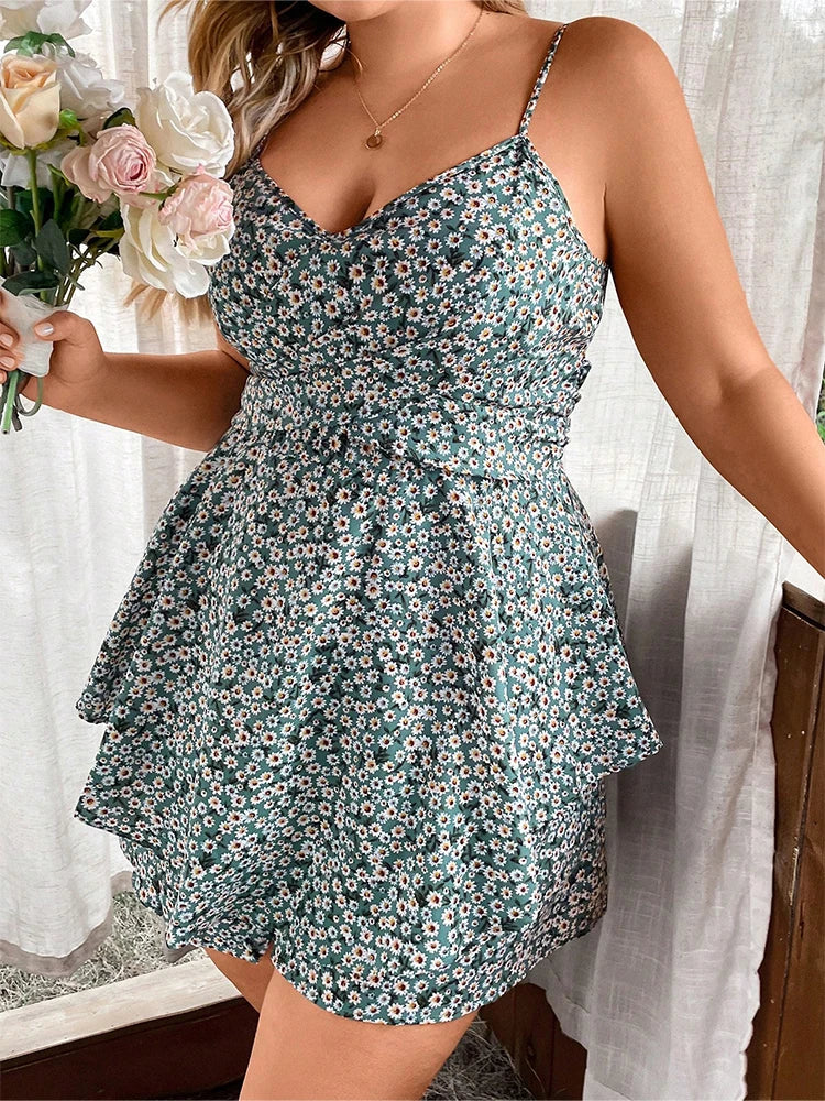 Vestido Plus Size Floral com Babados – Decote V Profundo, Amarração Frontal e Costas, Detalhes Charmosos para o Verão