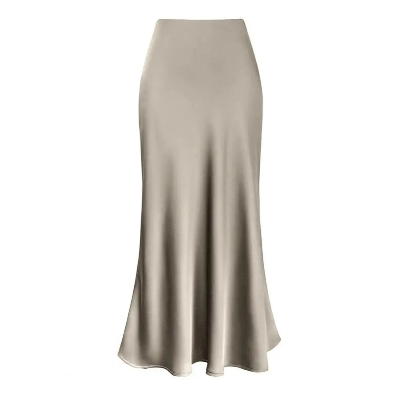 Saia Longa Fishtail Elegante em Cetim - Cintura Alta, A-line, Estilo Executivo, Cor Sólida, Acabamento Brilhante